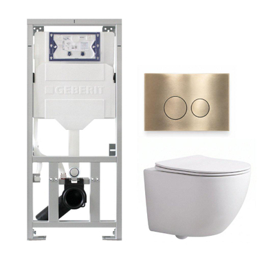 Pack WC QeramiQ Dely Swirl Compact - réservoir encastrable Geberit UP320 - avec bâti-support Burda - abattant slim - plaque de commande en plastique laiton brossé (or) - boutons ronds - blanc brillant