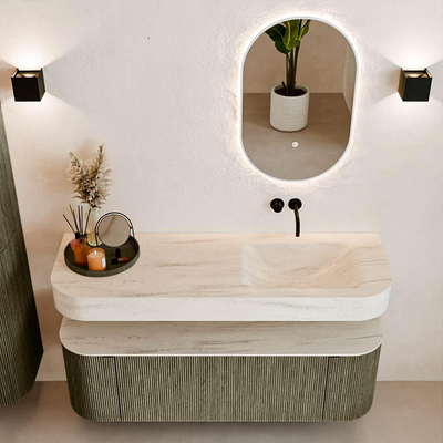 MONDIAZ THOR-DLUX 140cm meuble de salle de bains arrondi gauche + droite couleur Shadow avec 1 tiroir et 2 portes. Vasque suspendue CLOUD droite sans trou de robinet couleur Meli.