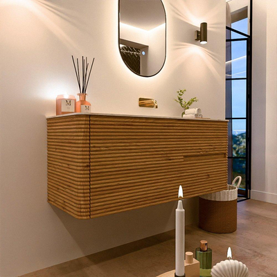 Mondiaz CIRO-DLUX Meuble de salle de bains - 120x45x50cm - Plan vasque solid surface Ostra - 1 vasque à droite - sans trous de robinetterie - 2 tiroirs - Chêne