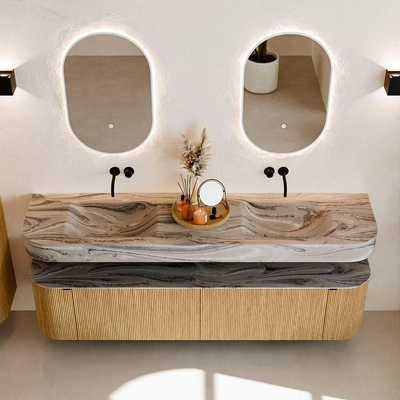 MONDIAZ THOR-DLUX 190cm badmeubel ronding links + rechts kleur Oak met 2 lades en 2 deuren. Vrijhangende wastafel CLOUD Dubbel zonder kraangat kleur Sombra.