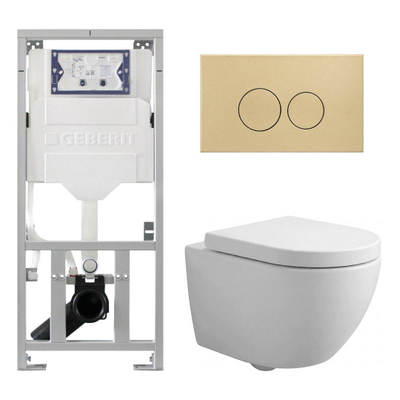 Pack WC QeramiQ Dely Swirl Compact - réservoir encastrable Geberit UP320 - avec bâti-support Burda - abattant 25 mm - plaque de commande en plastique beige - boutons ronds - blanc mat