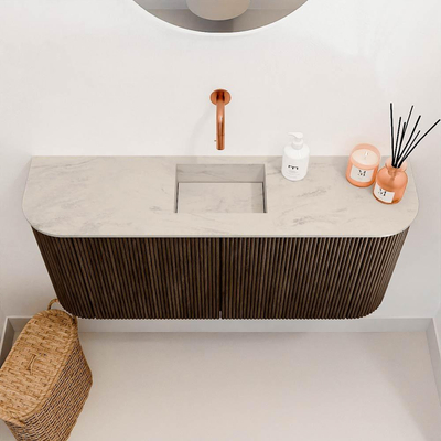 Mondiaz JOYA-DLUX 93.2cm toiletmeubel - ronding links en rechts kleur Walnut - Wastafel FAYE positie Midden Zonder kraangat kleur Opalo.