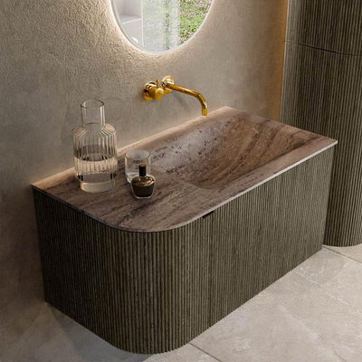 MONDIAZ KURVE-DLUX Meuble de salle de bains 85cm arrondi Gauche couleur Shadow avec 1 tiroir et 1 porte. Lavabo CLOUD Droite sans trou de robinet Oza.