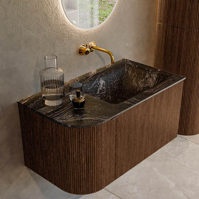 MONDIAZ KURVE-DLUX Meuble de salle de bains 85 cm avec module 25 L couleur Walnut avec 1 tiroir et 1 porte. Lavabo CLOUD à droite sans trou de robinet couleur Lava.