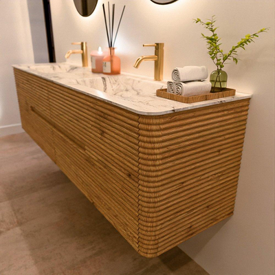 Mondiaz CIRO-DLUX Badkamermeubelset - 180x45x50cm - Solid surface wastafel Glace - 2 wasbak Dubbel - 2 kraangaten - 4 lades - Oak