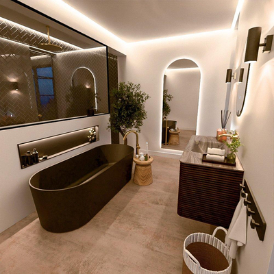 Mondiaz CIRO-DLUX Meuble de salle de bains ensemble - 110x45x50cm - Plan vasque solid surface Sombra - 1 lavabo au milieu - sans trous de robinet - 2 tiroirs - Noyer