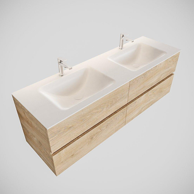 MONDIAZ VICA Ensemble meuble de salle de bains - 150cm - 4 tiroirs - lavabo Cloud double - 2 trous de robinetterie - solid surface chêne blanchi
