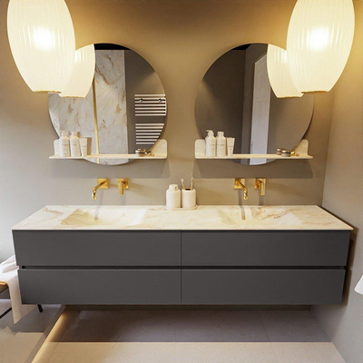 Mondiaz VICA-DLUX Ensemble de meuble de salle de bain - 200cm - meuble sous-vasque gris foncé - 4 tiroirs - lavabo encastré cloud double - sans trous de robinet - version haute de 60cm - frape