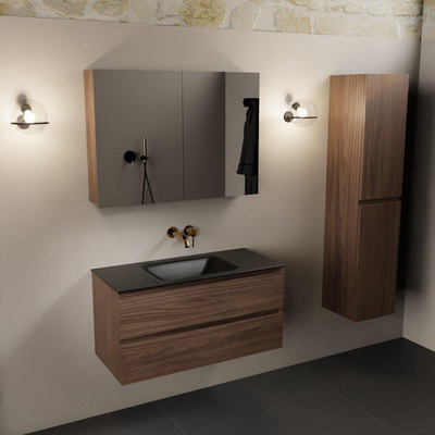 Mondiaz AIVY Ensemble de meuble - 100x45x50cm - 0 trous de robinet - 1 vasque Urban Solid surface - Centre - 2 tiroirs - avec armoire de toilette - Melamine Mocha