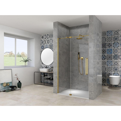 Van Rijn Products ST08 Nis draaideur - 90x200cm - helder glas - dikte 8mm - 2 delig - muurprofiel - stabilisatiestang - Messing