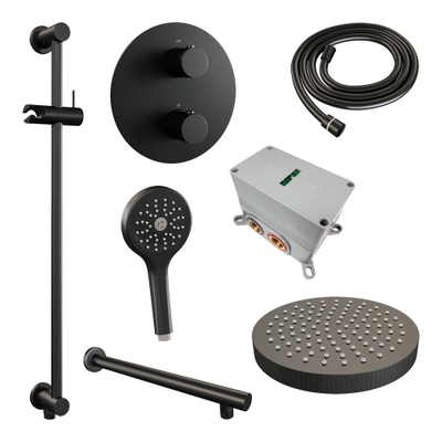 BRAUER Stripe Thermostatische Inbouw Regendouche - 3-weg - rond - SET 46 - 25cm douchekop - rechte muurarm - 3-standen handdouche - doucheslang - geïntegreerde glijstang - mat zwart
