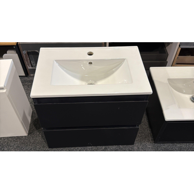 INK Wastafelonderkast - 60x40x52cm - 2 lades - greeploos - MDF lak - Zwart mat - met keramische wastafel - OUTLET UDEN