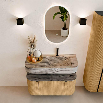 MONDIAZ THOR-DLUX 100cm badmeubel ronding links + rechts kleur Oak met 1 lade en 2 deuren. Vrijhangende wastafel CLOUD Rechts 1 kraangat kleur Sombra.