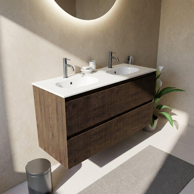 Saniclass Holz Atelier Ensemble meuble de salle de bains - 120x45x74cm - Vasque Chaci en céramique blanche - 2 vasques - 2 trous de robinet - 2 tiroirs - chêne charcoal mat (bois)