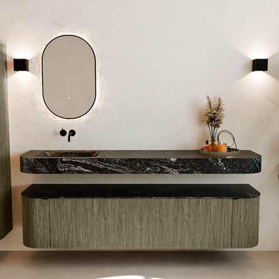 MONDIAZ THOR-DLUX 190cm meuble de salle de bains arrondi gauche + droite couleur Shadow avec 2 tiroirs et 2 portes. Vasque suspendue CLOUD Gauche sans trou de robinet couleur Lava.