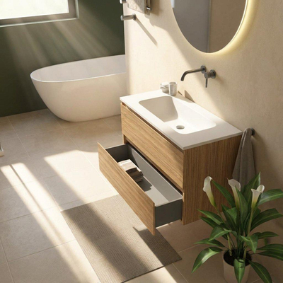 Saniclass Holz Pure Ensemble meuble de salle de bains - 100x45x77.5cm - vasque Torino en Solid Surface blanche - sans trou de robinet - 2 tiroirs - chêne natural mat (bois)