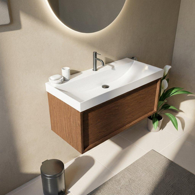 Saniclass Holz Frame Ensemble meuble de salle de bains - 100x45x47.5cm - lavabo Wave en céramique - 1 vasque - 1 trou de robinet - 1 tiroir - noyer pure mat (bois)