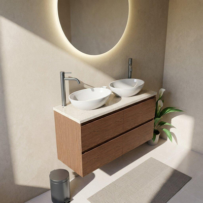 Saniclass Holz Pure Ensemble de meubles de salle de bains - 120x45x63cm - Plan de travail en pierre naturelle travertin - 2 trous de robinetterie - 4 tiroirs - noyer pure mat (bois)