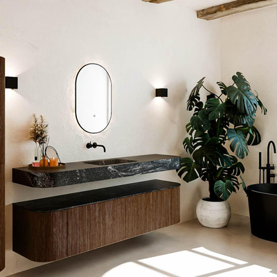 MONDIAZ THOR-DLUX 180cm meuble de salle de bains arrondi gauche + droite couleur Walnut avec 2 tiroirs et 2 portes. Vasque suspendue CLOUD Centre sans trou de robinet couleur Lava.