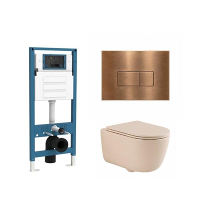 QeramiQ Dely Swirl Ensemble de toilette - réservoir encastré QeramiQ Flush - abattant slim - plaque de commande en métal cuivre - touches rectangulaires - beige