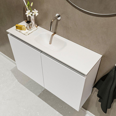 MONDIAZ TURE Toiletmeubel 80x23x50cm met 0 kraangaten 2 deuren talc mat Wastafel Eden midden Solid Surface Wit