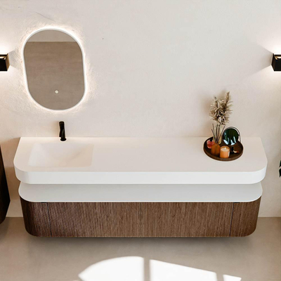 MONDIAZ THOR 200cm meuble de salle de bains arrondi gauche + droite couleur Walnut avec 2 tiroirs et 2 portes. Vasque suspendue CLOUD Gauche 1 trou de robinet couleur Talc.