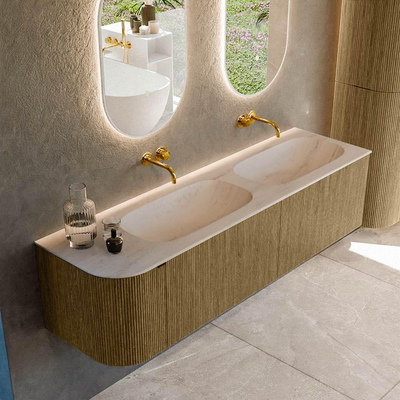 MONDIAZ KURVE-DLUX Meuble de salle de bains 165cm arrondi à gauche couleur Dusk avec 2 tiroirs et 1 porte. Lavabo STOR SMALL Double / Droite sans trou de robinet Meli.