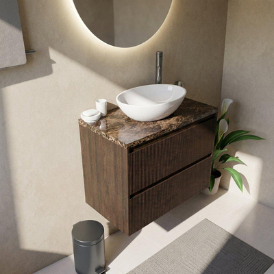 Saniclass Holz Atelier Ensemble de meuble de salle de bains - 80x45x63cm - Plan de travail en pierre naturelle Noche dark emperador - 1 trou de robinet - 2 tiroirs - chêne charcoal mat (bois)