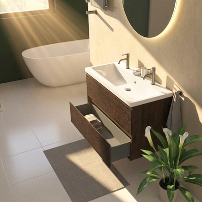 Saniclass Holz Atelier Ensemble meuble de salle de bains - 100x45x63.5cm - Lavabo en céramique Bari blanc - 1 vasque - 2 trous de robinetterie - 2 tiroirs - chêne charcoal mat (bois)