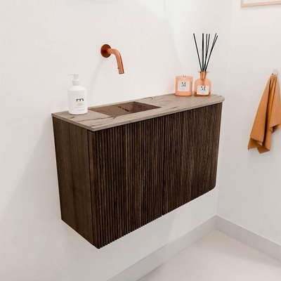 Mondiaz JOYA-DLUX 71.6cm toiletmeubel - ronding rechts kleur Walnut - Wastafel FAYE positie Links Zonder kraangat kleur Arena.