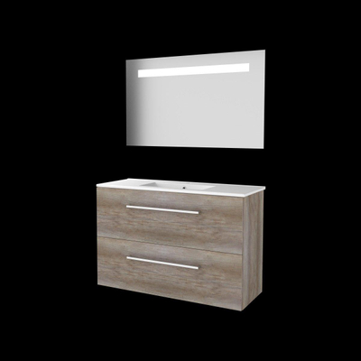 Basic-Line Economic 39 ensemble de meubles de salle de bain 100x39cm avec poignées 2 tiroirs lavabo en porcelaine 1 trou de robinetterie miroir éclairage led intégré mfc scotch oak