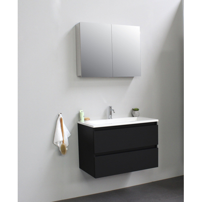 Basic Bella Meuble salle de bains avec lavabo acrylique Blanc avec armoire toilette 2 portes gris 80x55x46cm 1 trou de robinet Noir mat