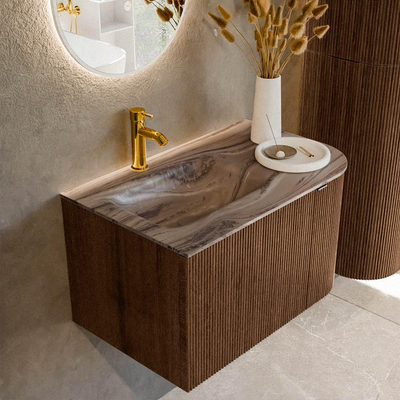 MONDIAZ KURVE-DLUX Meuble de salle de bains 75cm arrondi à droite couleur Walnut avec 1 tiroir et 1 porte. Lavabo GRUNNE à gauche 1 trou de robinet Sombra.
