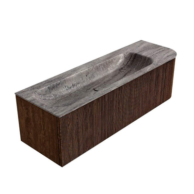 MONDIAZ KURVE-DLUX 145cm badmeubel ronding Rechts kleur Walnut met 1 lade en 1 deur. Wastafel BIG LARGE Links zonder kraangat Oza.