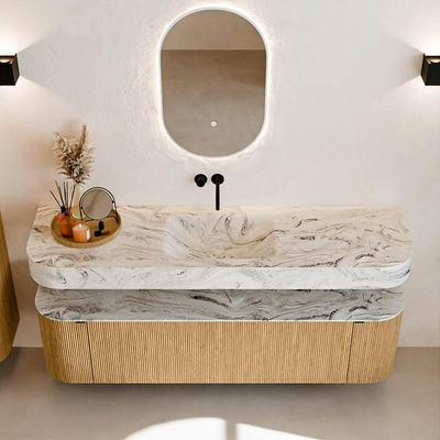 MONDIAZ THOR-DLUX 170cm meuble de salle de bains arrondi gauche + droite couleur Oak avec 1 tiroir et 2 portes. Vasque suspendue CLOUD Milieu sans trou de robinet couleur Glace.