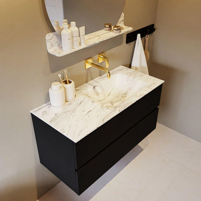 Mondiaz VICA-DLUX Ensemble de meuble de salle de bain - 100cm - meuble sous-vasque urbain - 2 tiroirs - lavabo encastré cloud droite - sans trous de robinet - version haute de 60cm - glace