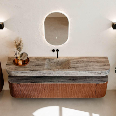 MONDIAZ THOR-DLUX 200cm meuble de salle de bains arrondi gauche + droite couleur Ruby avec 2 tiroirs et 2 portes. Vasque suspendue CLOUD Milieu sans trou de robinet couleur Oza.