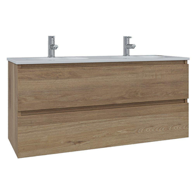 Saniclass Chaci Ensemble meuble de salle de bains - 120x46x55cm - lavabo en céramique blanc - 2 vasques ovales - 2 trous de robinetterie - 2 tiroirs - miroir rectangulaire - chêne