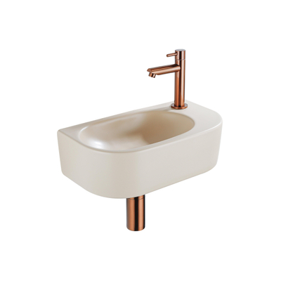 QeramiQ Fuente Ensemble lave-mains - 40x21,5x12cm - droit - lisse - demi-ronde - 1 trou de robinet - céramique - robinet de lave-mains cuivre brossé - bonde - siphon abaissé - beige