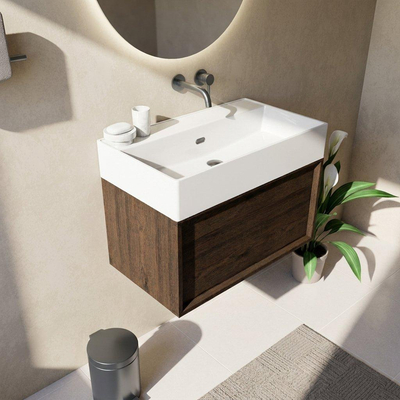 Saniclass Holz Frame Ensemble meuble de salle de bains - 80x45x52cm - lavabo Legend en céramique blanc - 1 vasque - sans trou de robinet - 1 tiroir - chêne charcoal mat (bois)