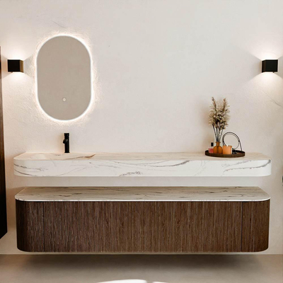 MONDIAZ THOR-DLUX 200cm meuble de salle de bains arrondi gauche + droite couleur Walnut avec 2 tiroirs et 2 portes. Vasque suspendue CLOUD gauche 1 trou de robinet couleur Nata.