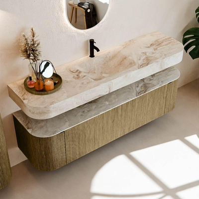 MONDIAZ THOR-DLUX 170cm meuble de salle de bains arrondi gauche + droite couleur Dusk avec 1 tiroir et 2 portes. Vasque suspendue CLOUD Milieu 1 trou de robinet couleur Frappe.