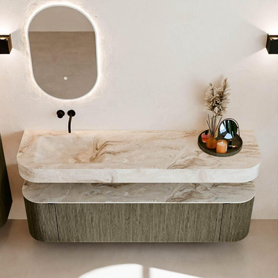 MONDIAZ THOR-DLUX 170cm meuble de salle de bains arrondi gauche + droite couleur Shadow avec 1 tiroir et 2 portes. Vasque suspendue CLOUD Gauche sans trou de robinet couleur Frappe.