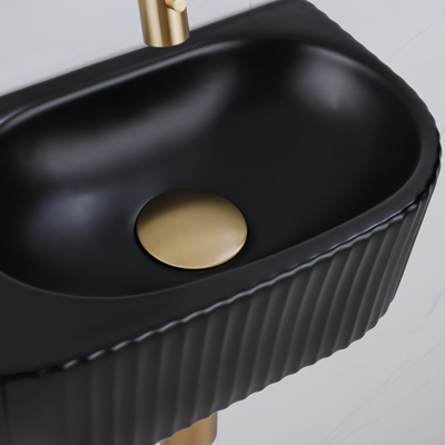 QeramiQ Fuente Ensemble de Lavabo - 40x21.5x12cm - strié - demi-rond - céramique - ensemble de robinet en laiton brossé - bouchon de vidange - siphon réduit - noir mat