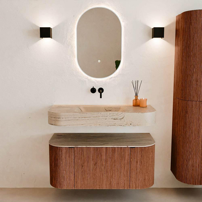 MONDIAZ THOR-DLUX 100cm meuble de salle de bains arrondi gauche + droite couleur Ruby avec 1 tiroir et 2 portes. Vasque suspendue CLOUD Milieu sans trou de robinet couleur Arena.