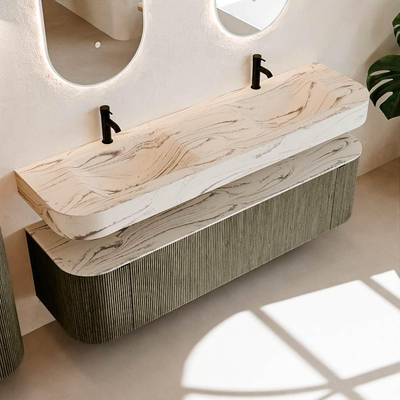 MONDIAZ THOR-DLUX 170cm meuble de salle de bains arrondi gauche + droite couleur Shadow avec 1 tiroir et 2 portes. Vasque suspendue CLOUD Double 2 trous de robinet couleur Nata.