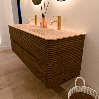 Mondiaz CIRO-DLUX Ensemble de meubles de salle de bains - 140x45x50cm - Plan vasque solid surface Saba - 2 bassins Double - 2 trous de robinetterie - 4 tiroirs - Dusk