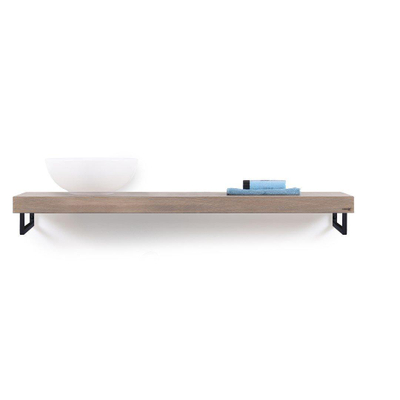 Looox Wood collection plan sous vasque - 140x46cm - Avec porte-serviettes noir mat - Chêne massif Old grey