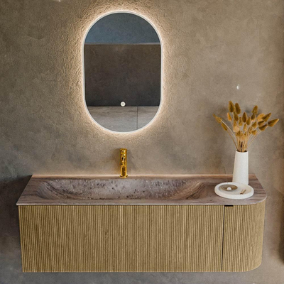 MONDIAZ KURVE-DLUX Meuble de salle de bains 135 cm arrondi à droite couleur Dusk avec 1 tiroir et 1 porte. Lavabo BIG MEDIUM gauche 1 trou de robinet Oza.