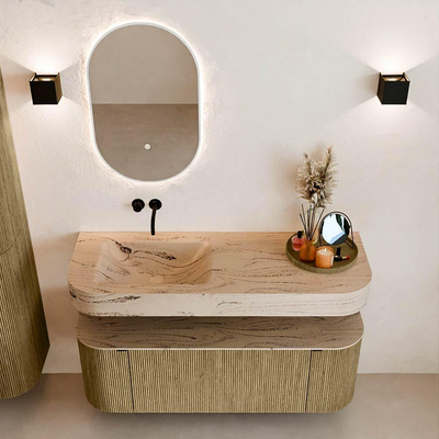 MONDIAZ THOR-DLUX 130cm meuble de salle de bains arrondi gauche + droite couleur Dusk avec 1 tiroir et 2 portes. Vasque suspendue CLOUD Gauche sans trou de robinet couleur Arena.